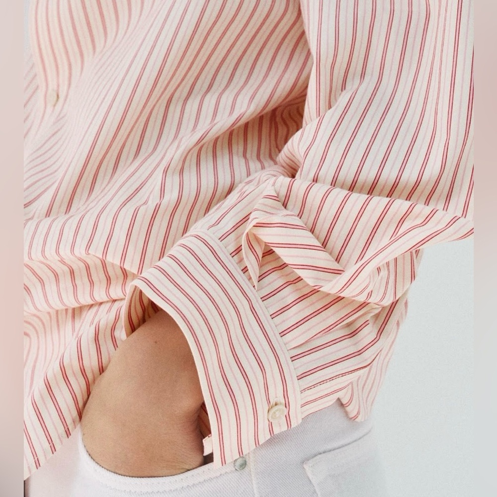 Zara Pink & Red Striped Cotton Button-Up Blouse | L | Shorter in Back | NWT - Picture 5 of 11